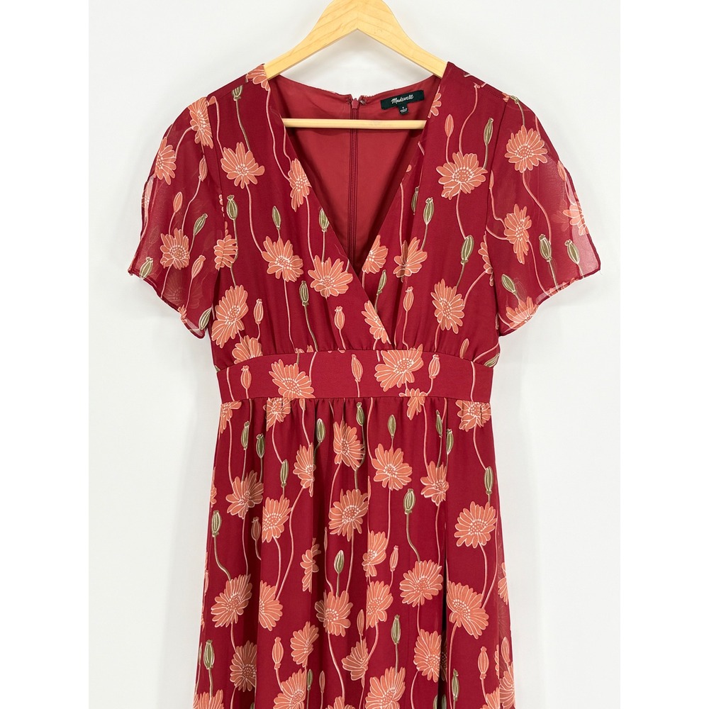 Madewell‎ Floral Poppy Maxi Dress Women 4 Red Flutter Sleeve Boho V-Neck Lined - Picture 4 of 12